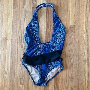Frederick's of Hollywood Blue and Black One Piece Swimsuit Halter Neck
